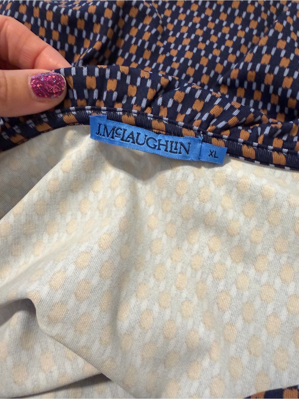 J. McLaughlin Durham ruffled top geometric navy brown Catalina cloth women’s XL - Picture 6 of 9